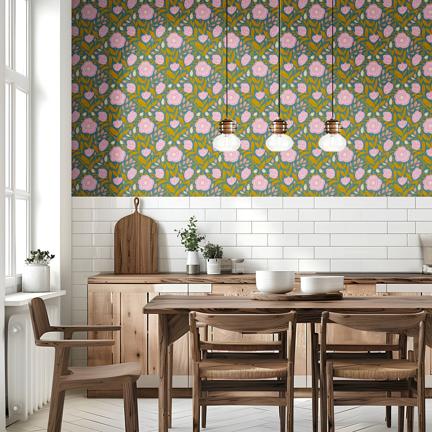 Cozy farmhouse/country house kitchen wallpaper mockup  – wallcovering interior mockup