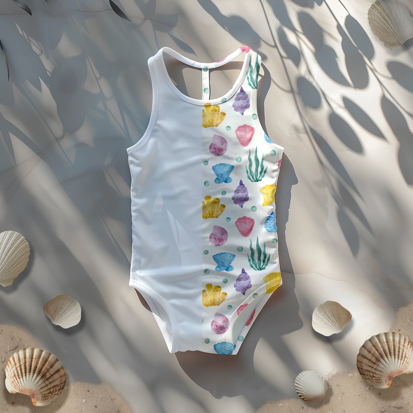 Child's one-piece swimsuit with seashells on sand mockup – minimalistic beach/summer theme