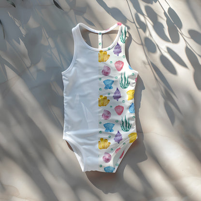 Child's one-piece swimsuit with seashells on sand mockup – minimalistic beach/summer theme