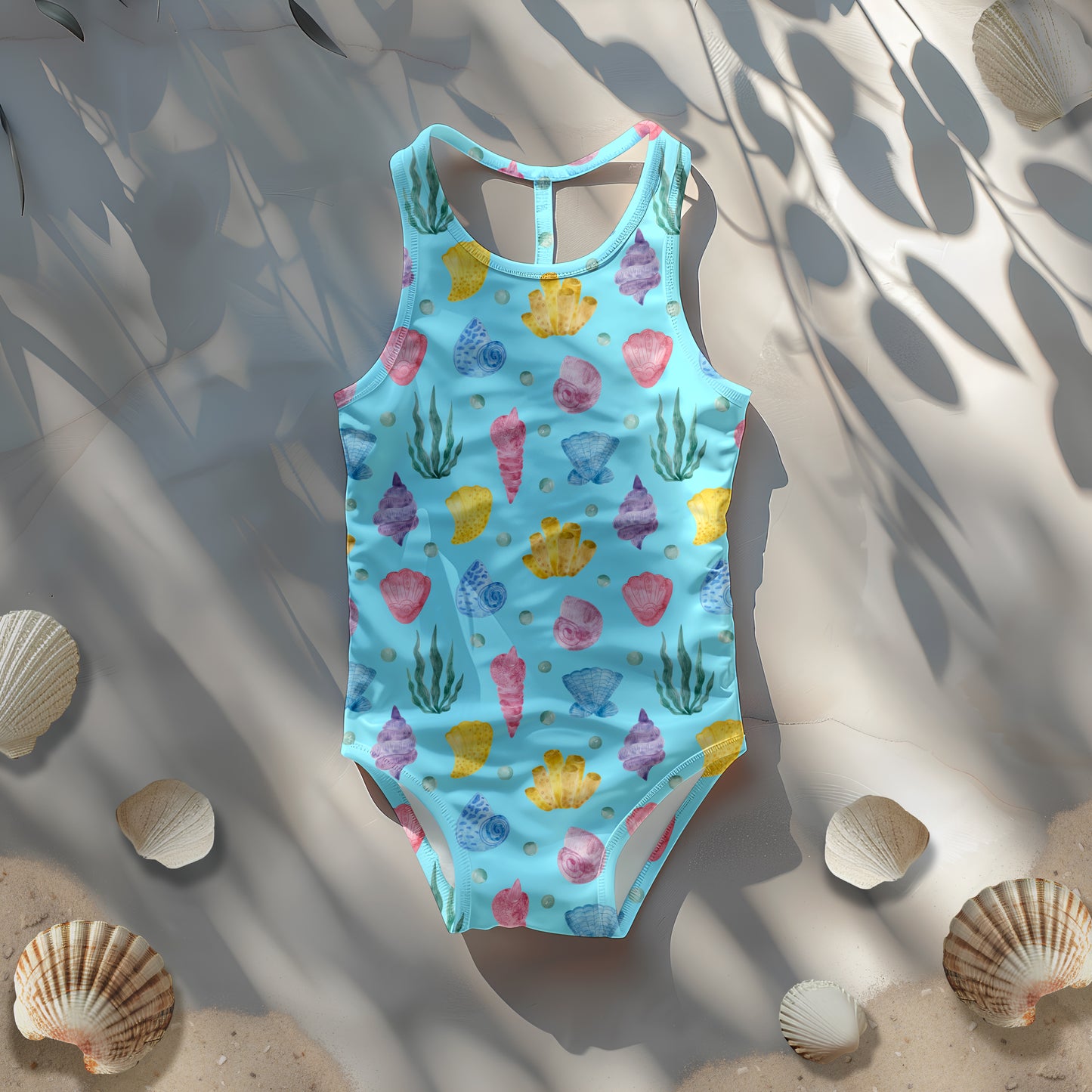 Child's one-piece swimsuit with seashells on sand mockup – minimalistic beach/summer theme