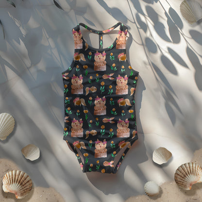 Child's one-piece swimsuit with seashells on sand mockup – minimalistic beach/summer theme