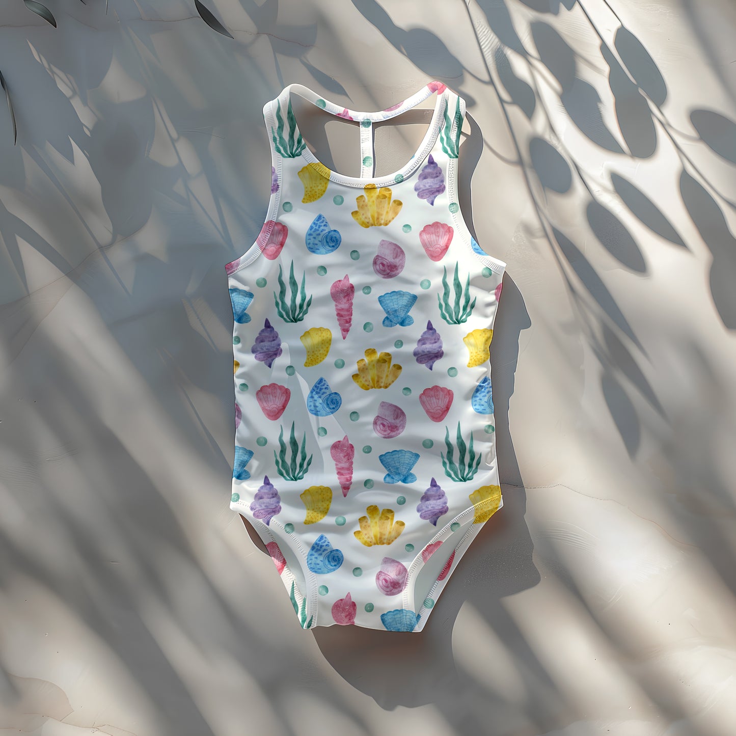 Child's one-piece swimsuit with seashells on sand mockup – minimalistic beach/summer theme